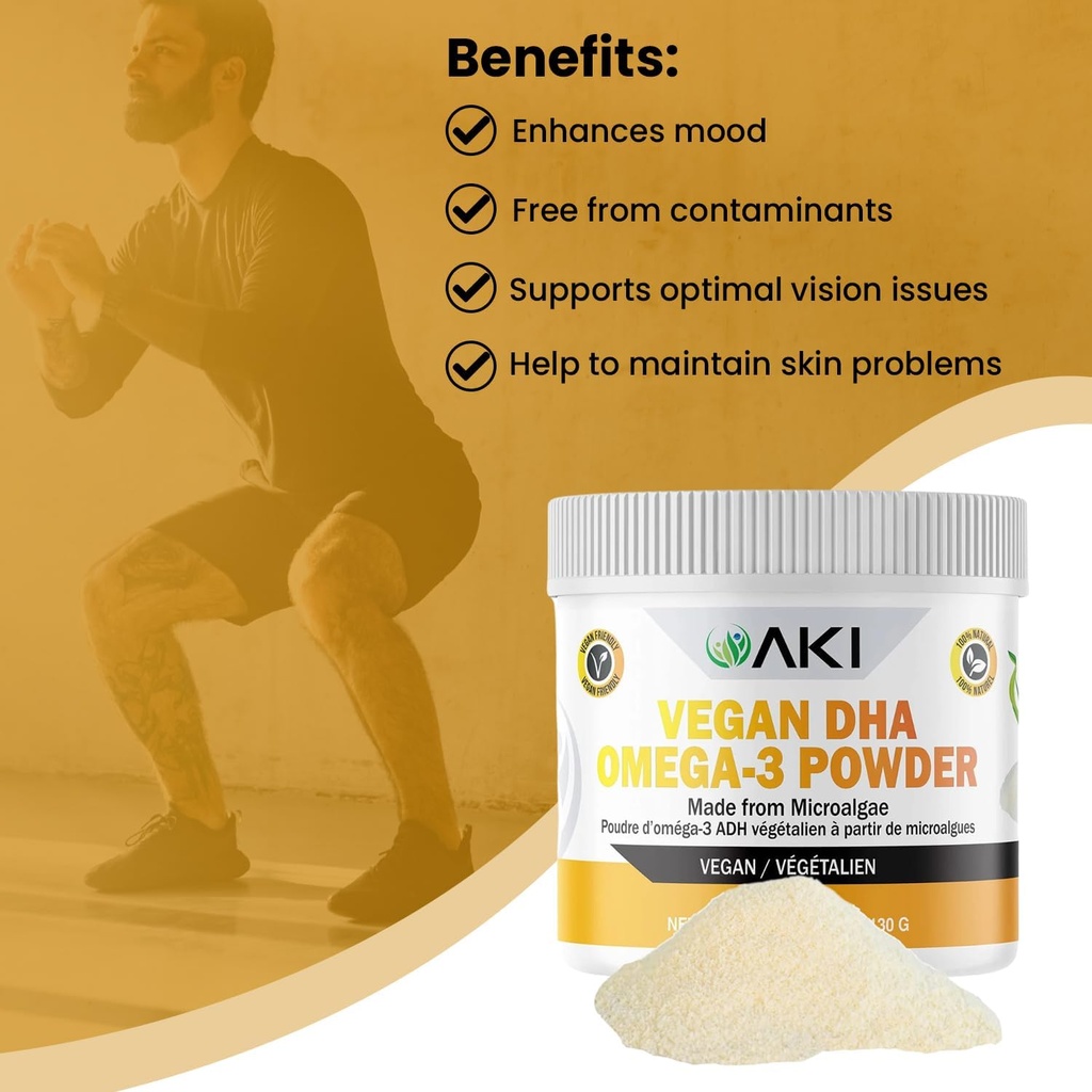 AKI Omega 3 DHA Micro Algae Powder Supplements - Plant Based Keto Vitamin - Alternative to Fish or Krill Oil - Vegan & Non-GMO (4.58oz/130g) 5