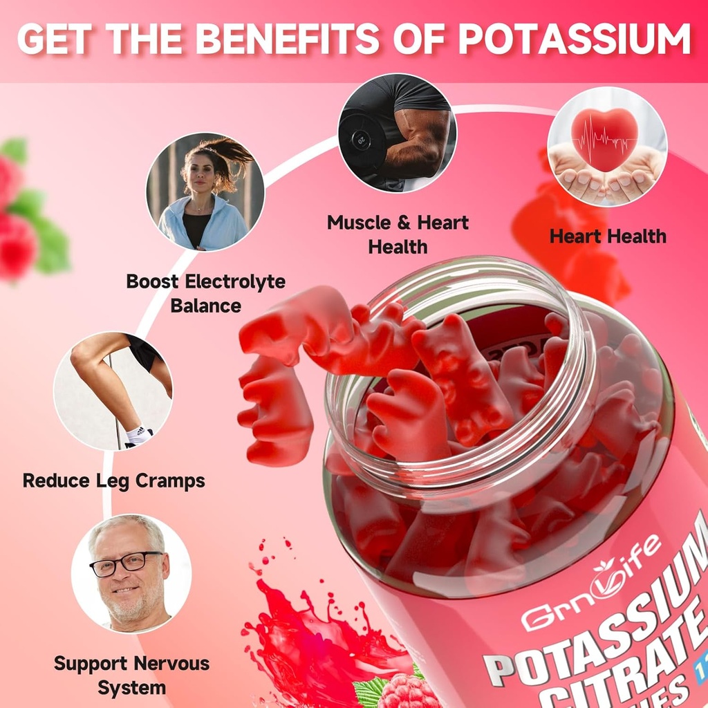 Potassium Citrate Gummies, High Potassium Supplement Gummies 1200mg Support Leg Cramps & Muscle Health, Potassium Gummies for Adults & Kids, Vegan, Raspberry Flavor 60 Count 5