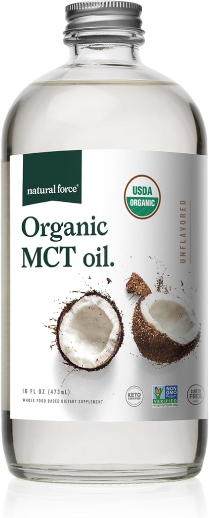 Natural Force Organic MCT Oil – Pure Glass Bottle – Made from 100% Cold Pressed Virgin Coconut Oil + Certified Keto, Paleo, Kosher, Vegan & Non-GMO – Lab Tested for Quality and Purity - 16 Ounce 2