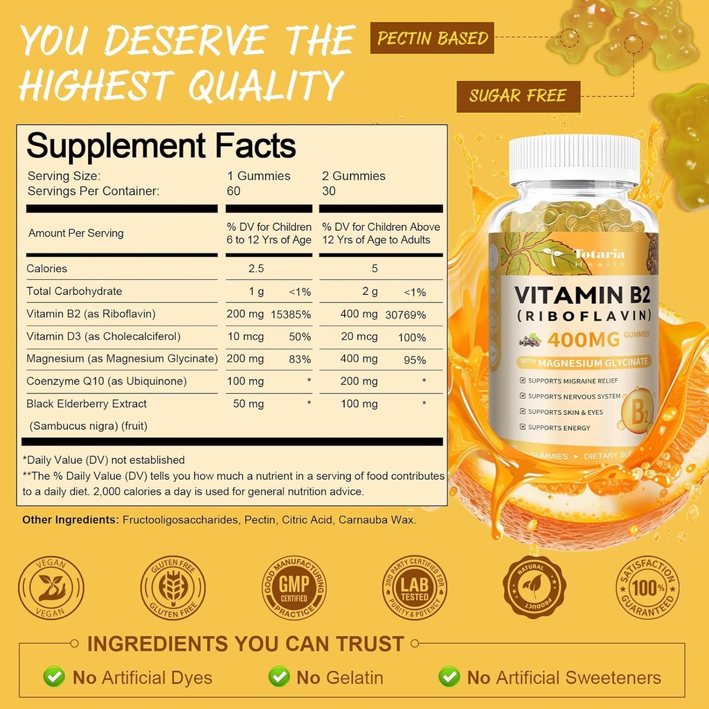 Totaria Vitamin B2 Gummies, Sugar Free Riboflavin 400mg Supplement for Adults & Kids with Magnesium Glycinate 400mg, COQ10 & Elderberry, Skin & Nervous System Support, Non-GMO, 60 Gummies 4