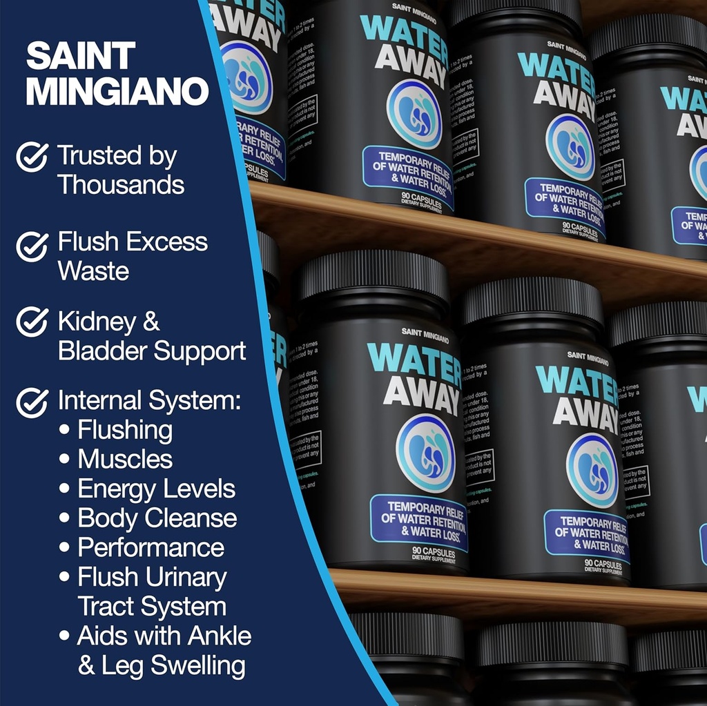Water Away - Diuretic Water Pills - Retention and Flushing, Aids in Water Relief & Water Loss for Swollen Ankles Feet, Legs or Bloating - Fast Acting Water Away Pills for (90 Capsules) 5