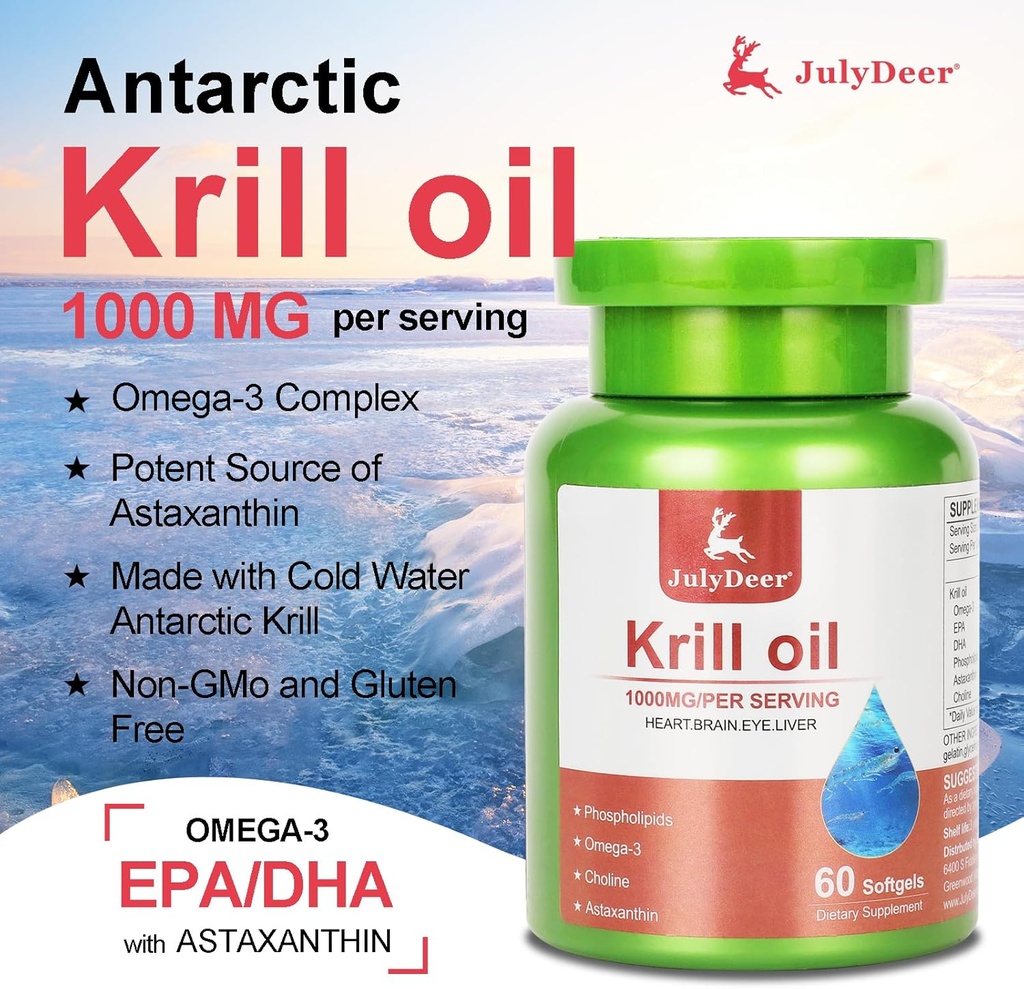 Antarctic Krill Oil 1000 mg with Omega-3s EPA, DHA, Astaxanthin and Phospholipids 60 Softgels Supplement No Fishy Aftertaste for Joint, Heart, Brain and Immunity 5