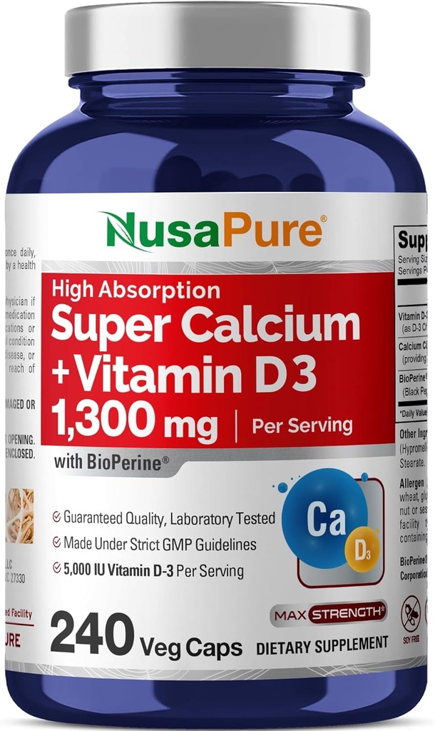 NusaPure Super Calcium 1300mg, Vitamin D3-240 Veggie Caps (Non-GMO, Soyfree, Bioperine) 2