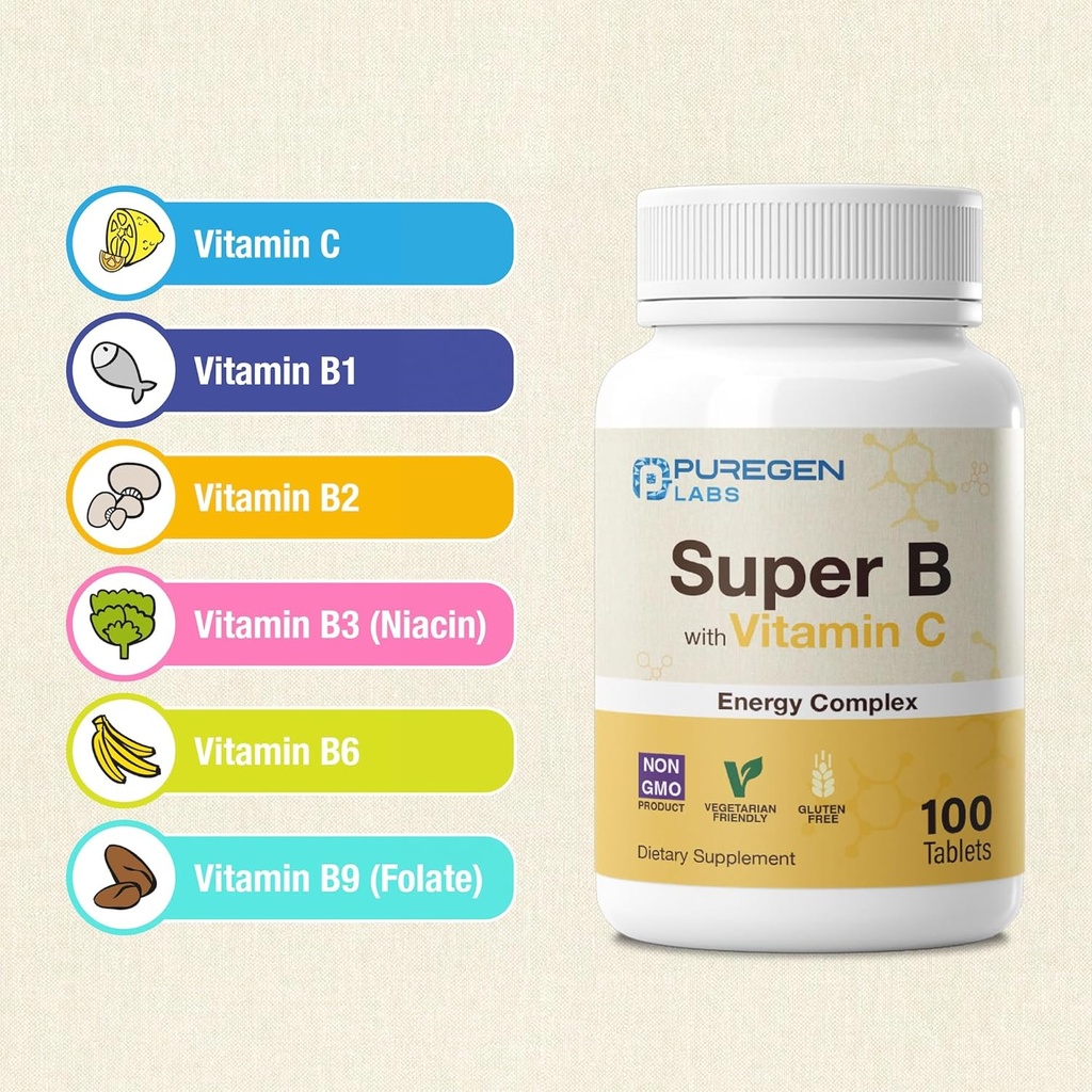 Puregen Labs Super B Energy Complex with Vitamin C - Immune Health, Energy & Nervous System Support - Non-GMO, Gluten-Free 100 Vegetarian Tablets 4