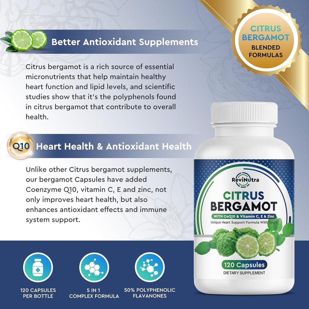 Organic Citrus Bergamot Extract Capsules - 120 caps Citrus Bergamot Supplement - Enhanced with Coenzyme Q10 & Vitamin C, E & Zinc - for Heart, Immune System Support, Healthy Aging - Pure, Vegan Pills 5
