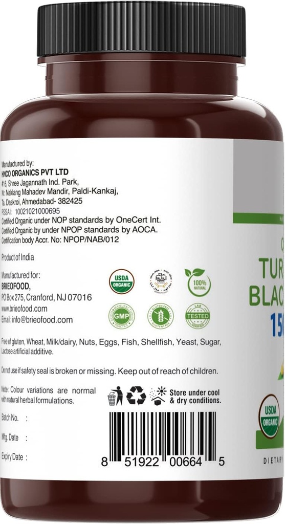 Brieofood Organic Turmeric with Black Pepper 1500mg, 45 Servings, Vegetarian, Gluten Free, 90 Vegetarian Tablets 6