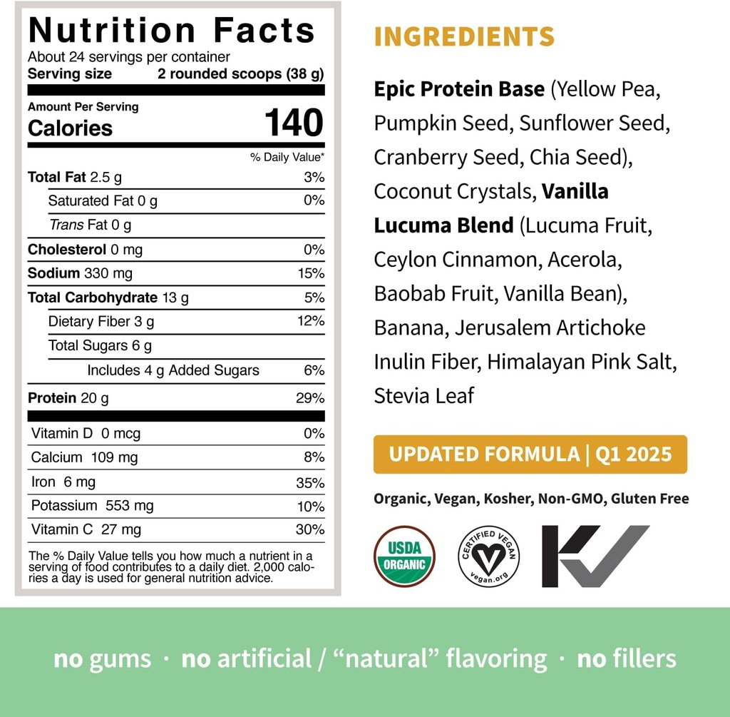 Sprout Living Epic Protein, Plant Based Protein & Superfoods Powder, Vanilla Lucuma Powder | 20 Grams Organic Protein Powder, Vegan, Non Dairy, Non-GMO, Gluten Free, Low Sugar (2 Pound, 24 Servings) 6