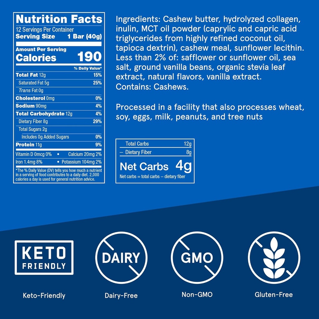 Bulletproof Vanilla Shortbread Collagen Protein Bars, Pack of 12, Keto-Friendly Snack with MCT Oil, 2g Sugar, No Added Sugar, Grass-Fed Collagen 3