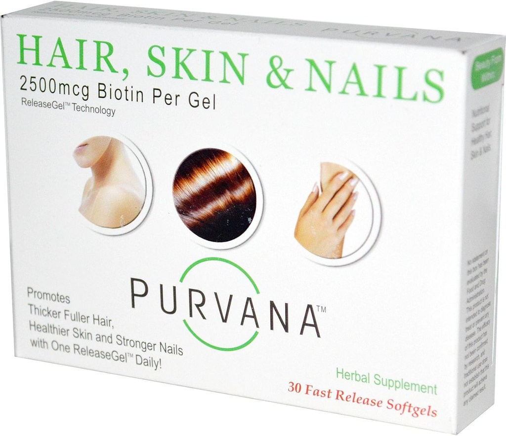Wellgenix Purvana Hair, Skin, and Nails Vitamin Softgels for High Absorption - Double Strength 2500mcg Biotin, VIT A & B, Folic Acid, Grape Seed Extract - Herbal Supplement (30 Count) 2