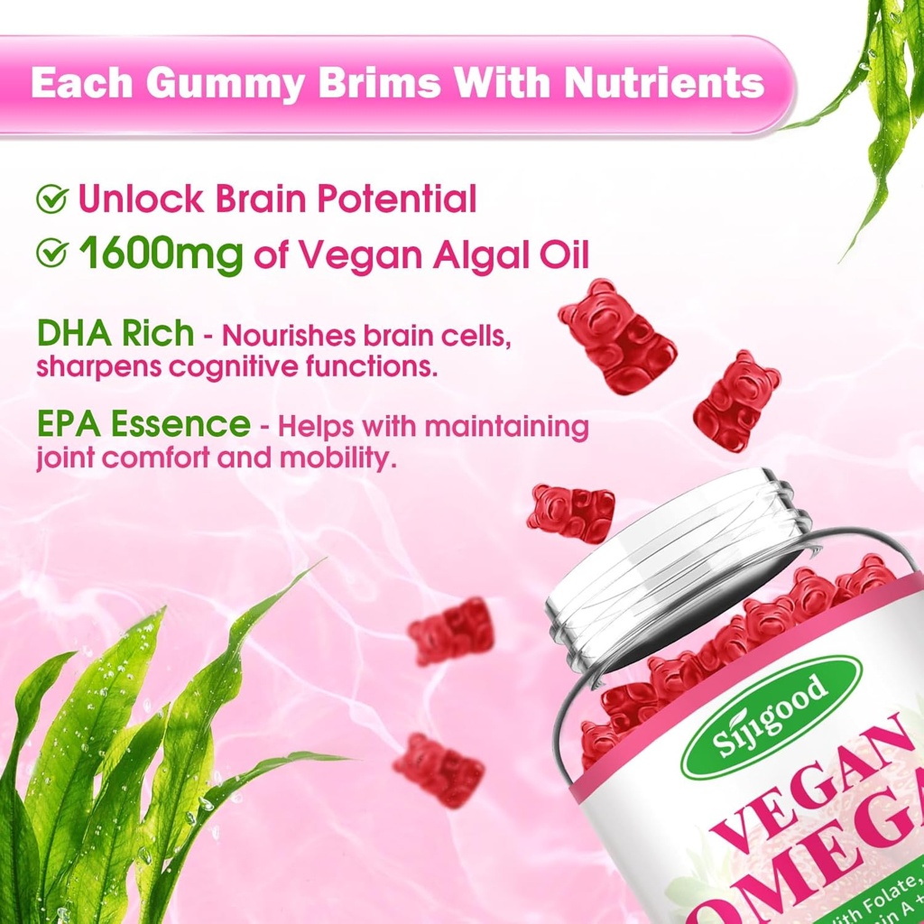2 Pack Omega-3 Gummies Potent Algae Omega Source, Boost Brain, Eye & Immune Function, with DHA and EPA Vegan & Sugar Free, Orange Flavor, 120 Count 3