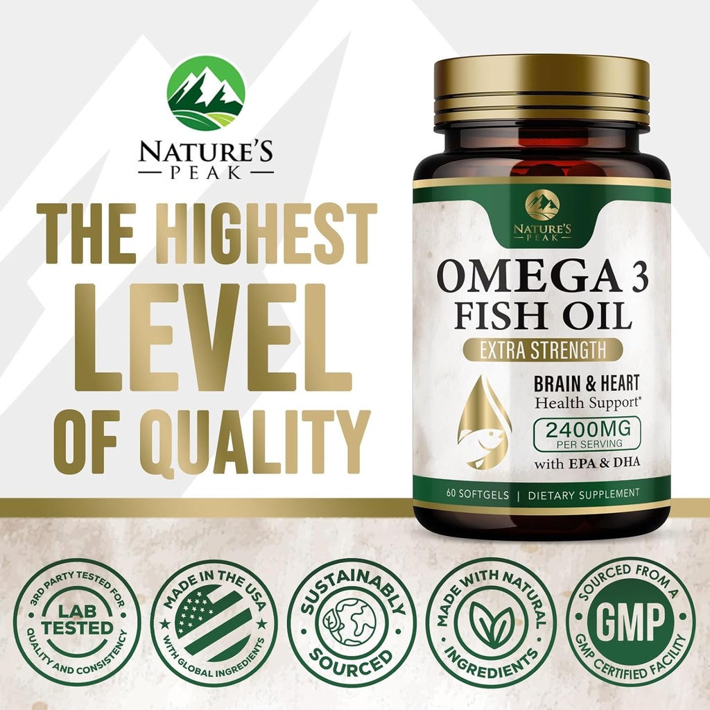 Omega 3 Fish Oil Pills 2400mg - Triple Strength Omega 3 Fish Oil Supplements - Best EPA & DHA Fatty Acids for Brain & Heart Health Support, Nature's Omega3 Supplement, 30 Day Supply - 60 Softgels 5