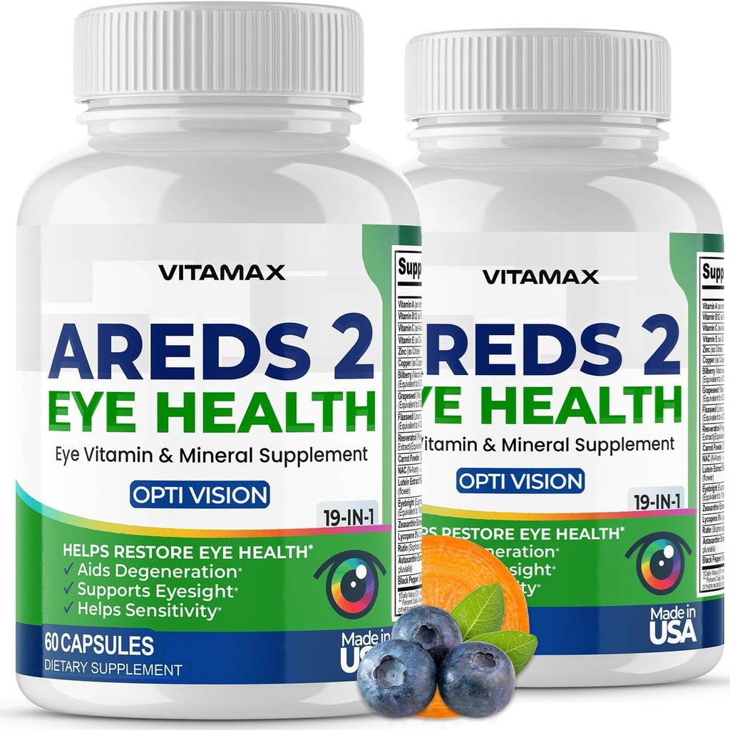 AREDS 2 Eye Vitamins - Lutein, Zeaxanthin, Bilberry, Astaxanthin Mineral Vision Supplement - Supports Eye Strain, Dry Eyes, Pressure, and Vision Health - Made in USA - 120ct 2