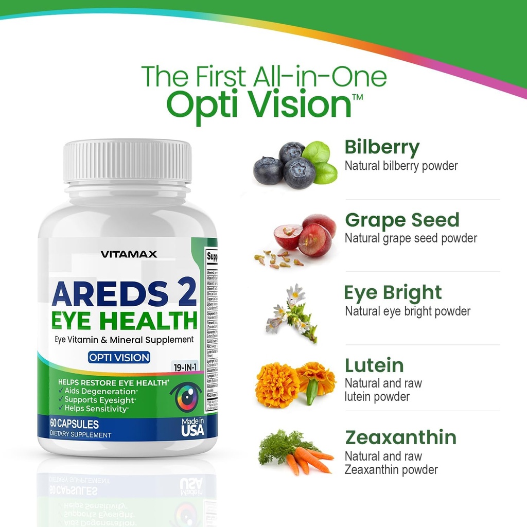AREDS 2 Eye Vitamins - Lutein, Zeaxanthin, Bilberry, Astaxanthin Mineral Vision Supplement - Supports Eye Strain, Dry Eyes, Pressure, and Vision Health - Made in USA - 120ct 3