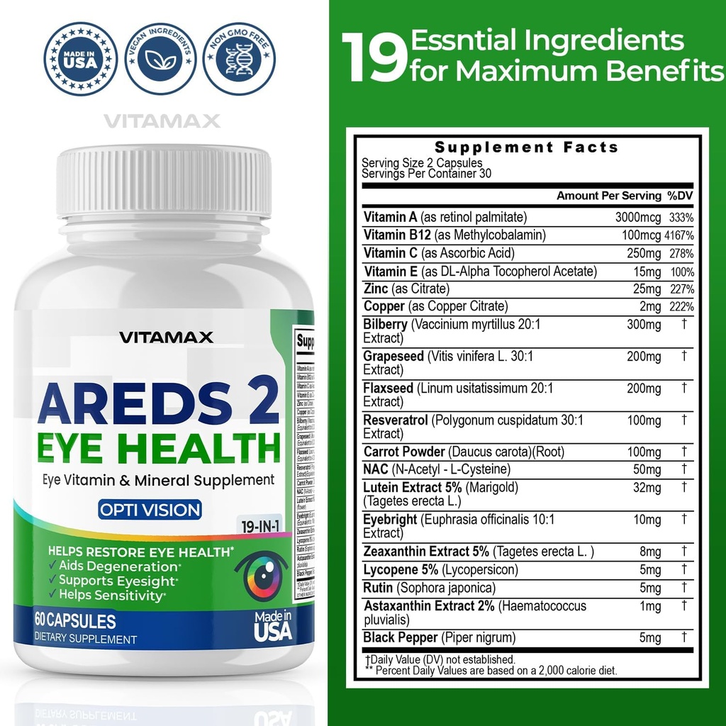 AREDS 2 Eye Vitamins - Lutein, Zeaxanthin, Bilberry, Astaxanthin Mineral Vision Supplement - Supports Eye Strain, Dry Eyes, Pressure, and Vision Health - Made in USA - 120ct 6