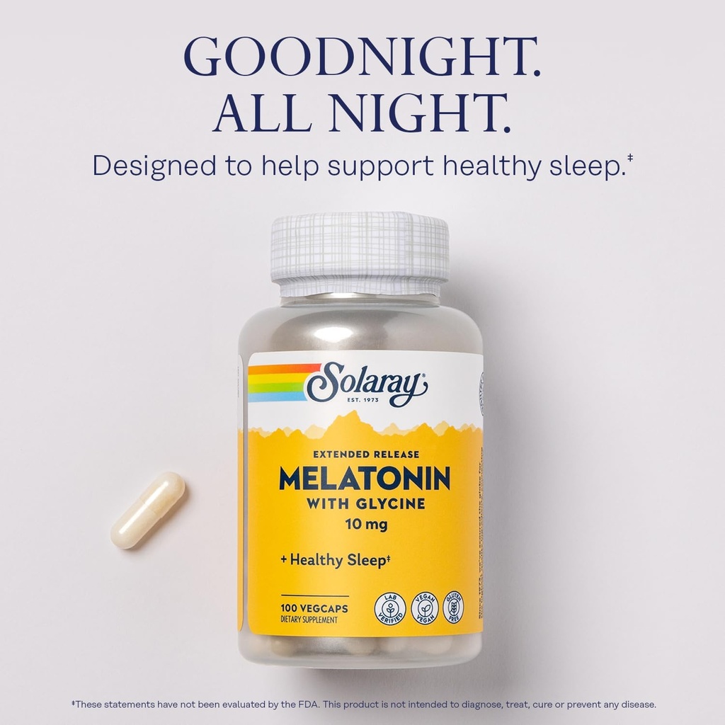 SOLARAY Melatonin 10mg with Glycine - Extended Release, Healthy Sleep Aid and Calming Relaxation Support - Lab Verified, Vegan, Gluten Free, 60-Day Guarantee - 100 Servings, 100 VegCaps 4