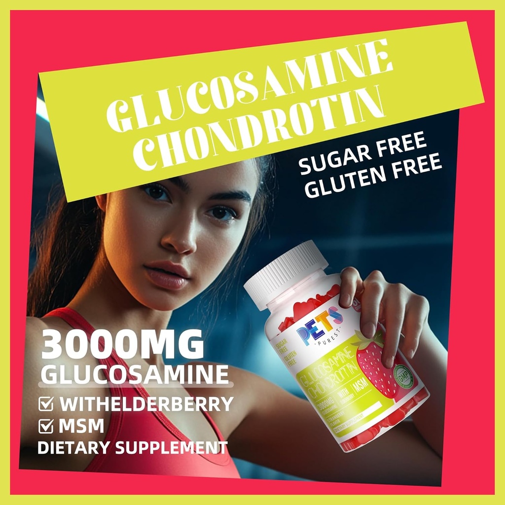 Pets Purest Glucosamine Chondroitin Gummies with MSM & Elderberry Extra Strength - Joint Support, Antioxidant Immune Support Supplement for Adults, Men & Women.(2 Pack) Strawberry 4