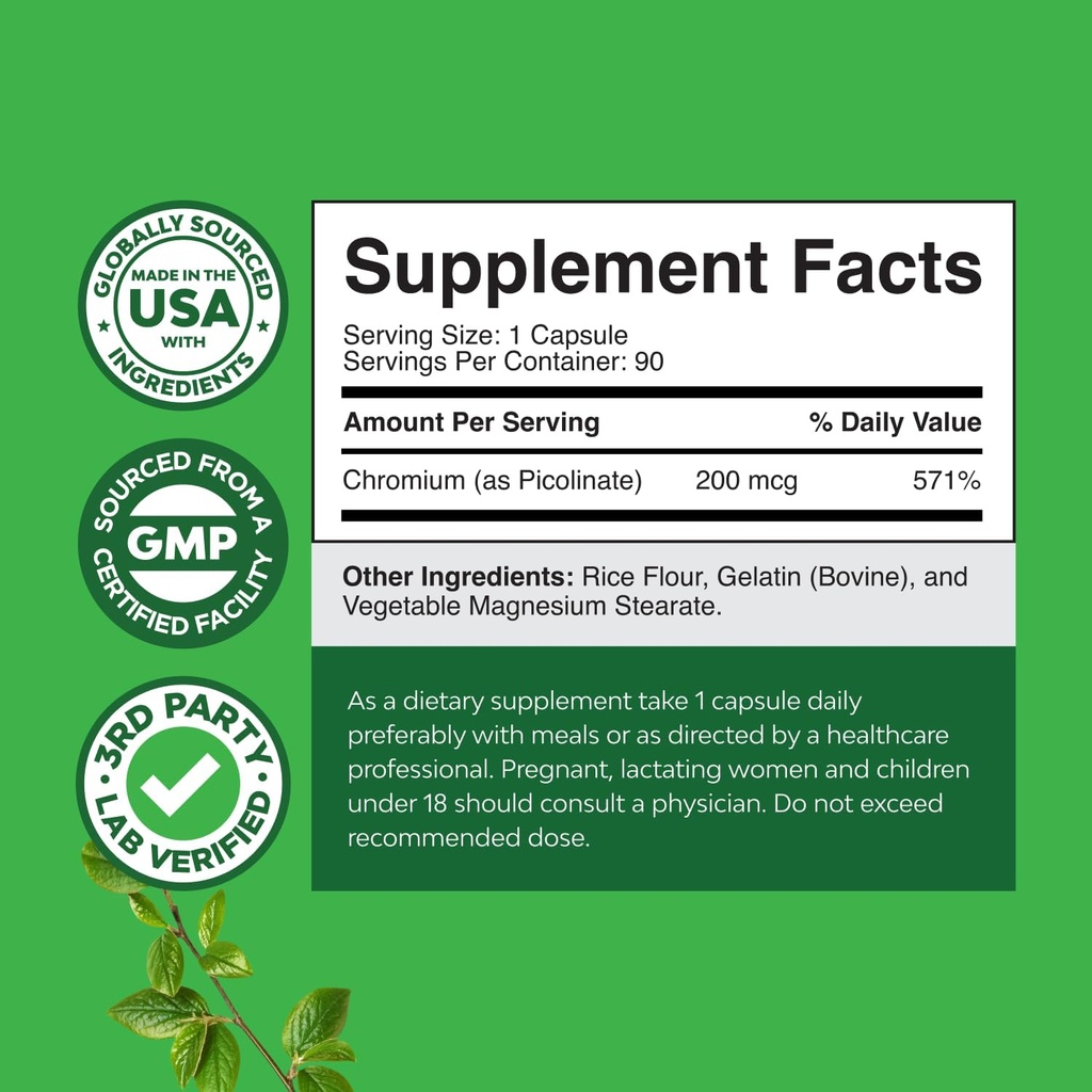 Chromium Picolinate 200mcg Mineral Supplements - Natural Chromium Supplement for Sugar Balance Muscle Growth Brain Booster Heart Health - Natural Pre Workout for Men and Women 4