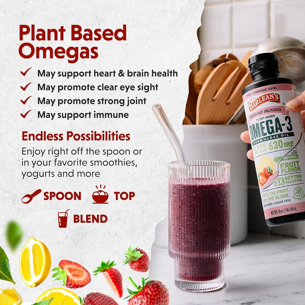 Barlean's Pink Lemonade Vegan Omega 3 Supplement, Liquid Algae Oil with 630 mg EPA & DHA, Plant Based Omegas from Algal Oil, Non-GMO & Gluten Free, 16 oz 4