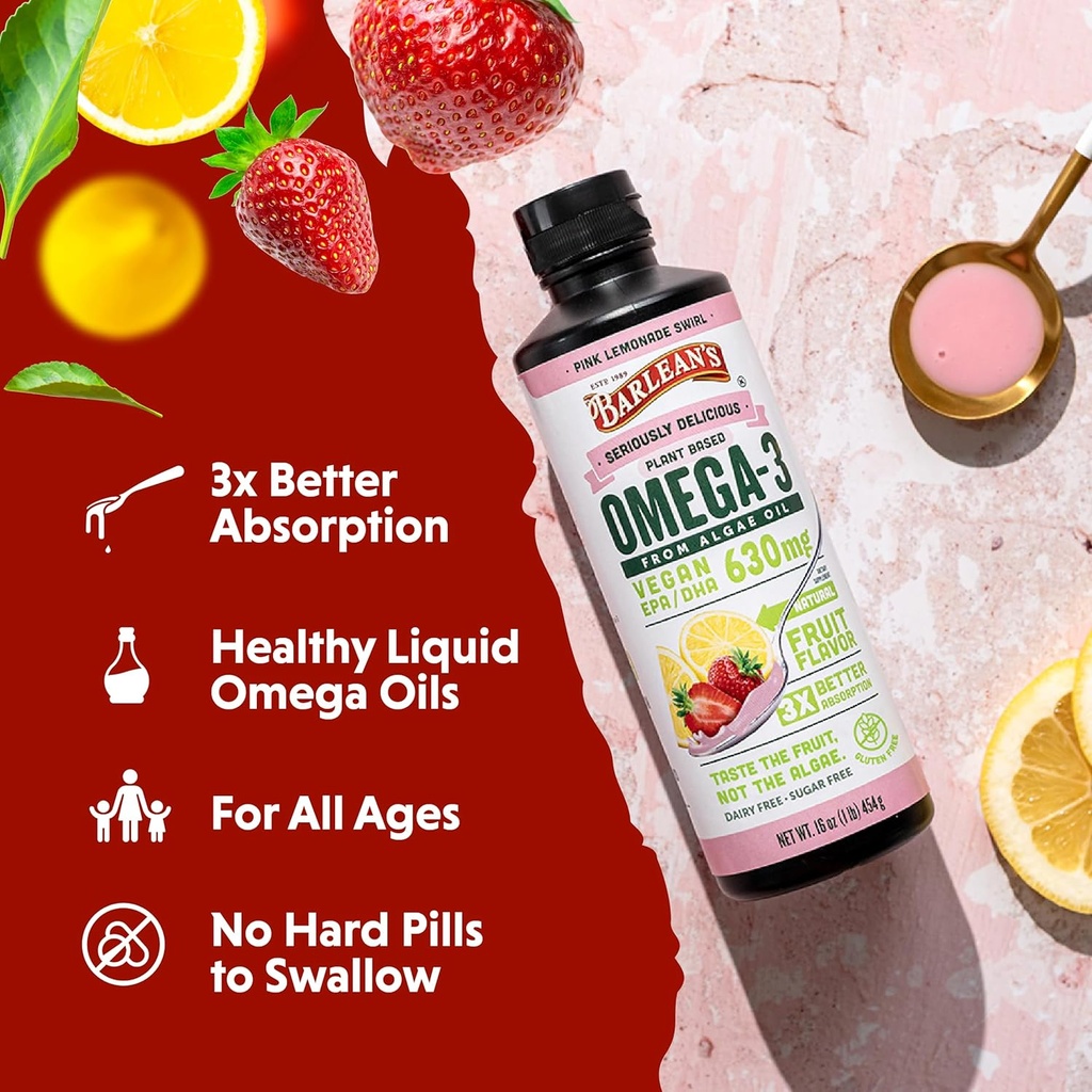 Barlean's Pink Lemonade Vegan Omega 3 Supplement, Liquid Algae Oil with 630 mg EPA & DHA, Plant Based Omegas from Algal Oil, Non-GMO & Gluten Free, 16 oz 5