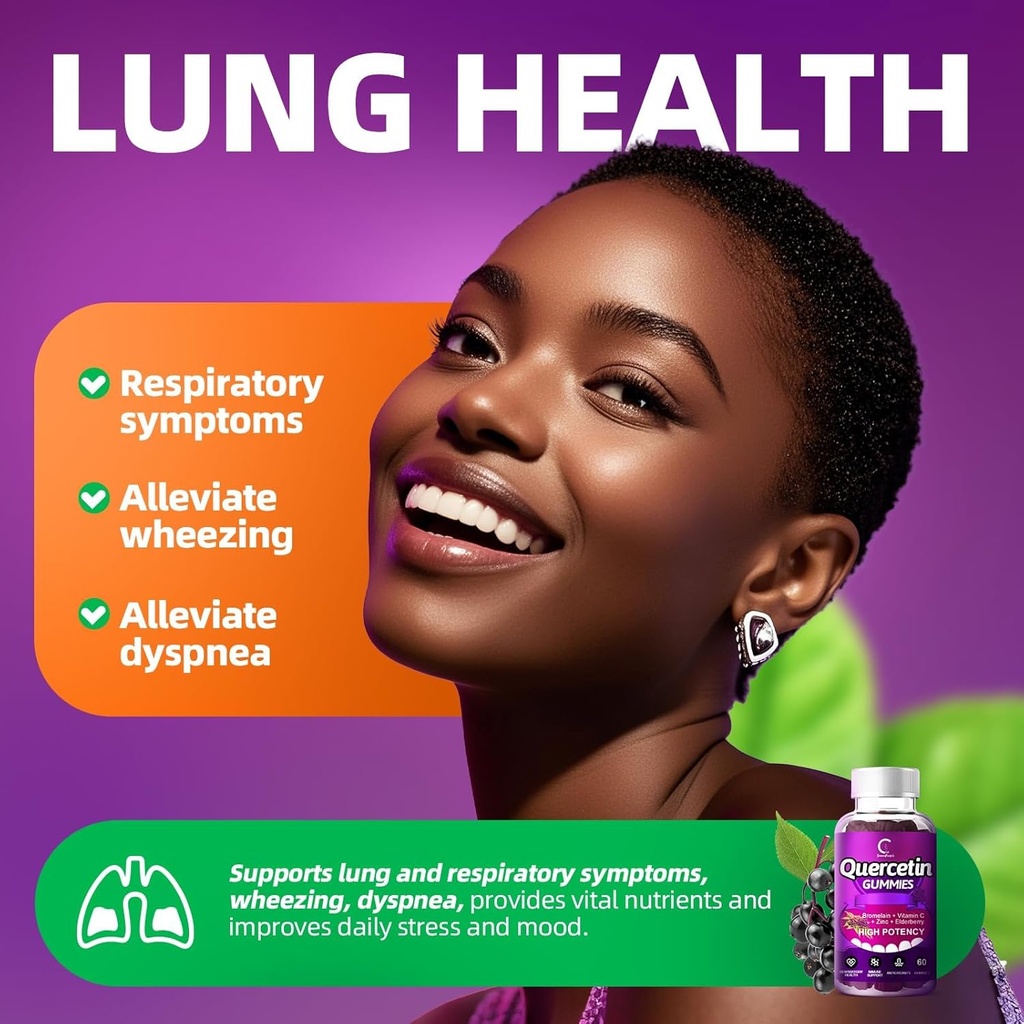 Quercetin Gummies - Quercetin with Bromelain, Vitamin C, Zinc & Elderberry, Extra Strength Immune System Booster, Lung Support Supplement for Adults Kids - 60 Quercetin Gummies (2 Pack) 4