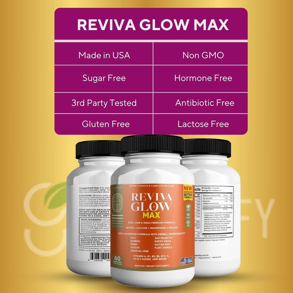 Reviva Glow Max - Hair, Skin & Nails Support Supplement | Biotin, Calcium, Magnesium, Folate & Herbal Blend | Premium Formula | 60 Capsules, Vegan & Gluten-Free 6