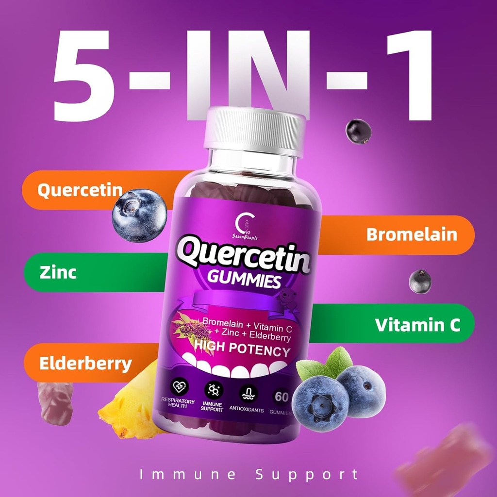 Quercetin Gummies - Quercetin with Bromelain, Vitamin C, Zinc & Elderberry, Extra Strength Immune System Booster, Lung Support Supplement for Adults Kids - 60 Quercetin Gummies (2 Pack) 6