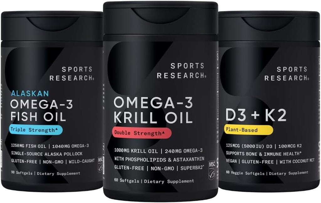 Sports Research Antarctic Krill Oil Omega 3 1000mg (Double Strength) with Phospholipids, Choline & Astaxanthin, Triple Strength Omega 3 Fish Oil Single-Source Wild Alaska Pollock 1250mg, Vitamin D3 K2 2