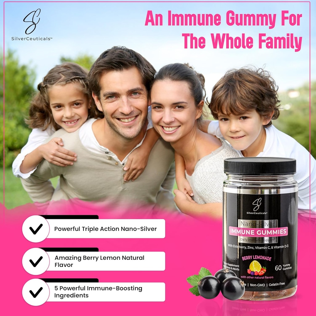 Immune Gummies - Sambucus Elderberry - Vitamin C & D - Zinc - Save Your Sick Days - Kids & Adults - Safe Ages 4 & Up - Nano Colloidal Silver - Gluten & Gelatin Free Non-GMO - Berry Lemonade - 60 Count 5