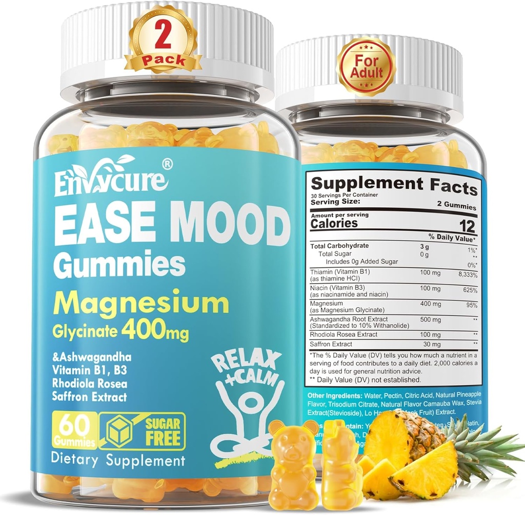 Sugar Free Magnesium Glycinate Gummies 400mg with Ashwagandha, B1, B3, Rhodiola Rosea & Saffron for Support Rest, Mood & Calm Magnesium Gummies for Adults, Chewable Magnesium Supplement, Vegan, 120Ct 2