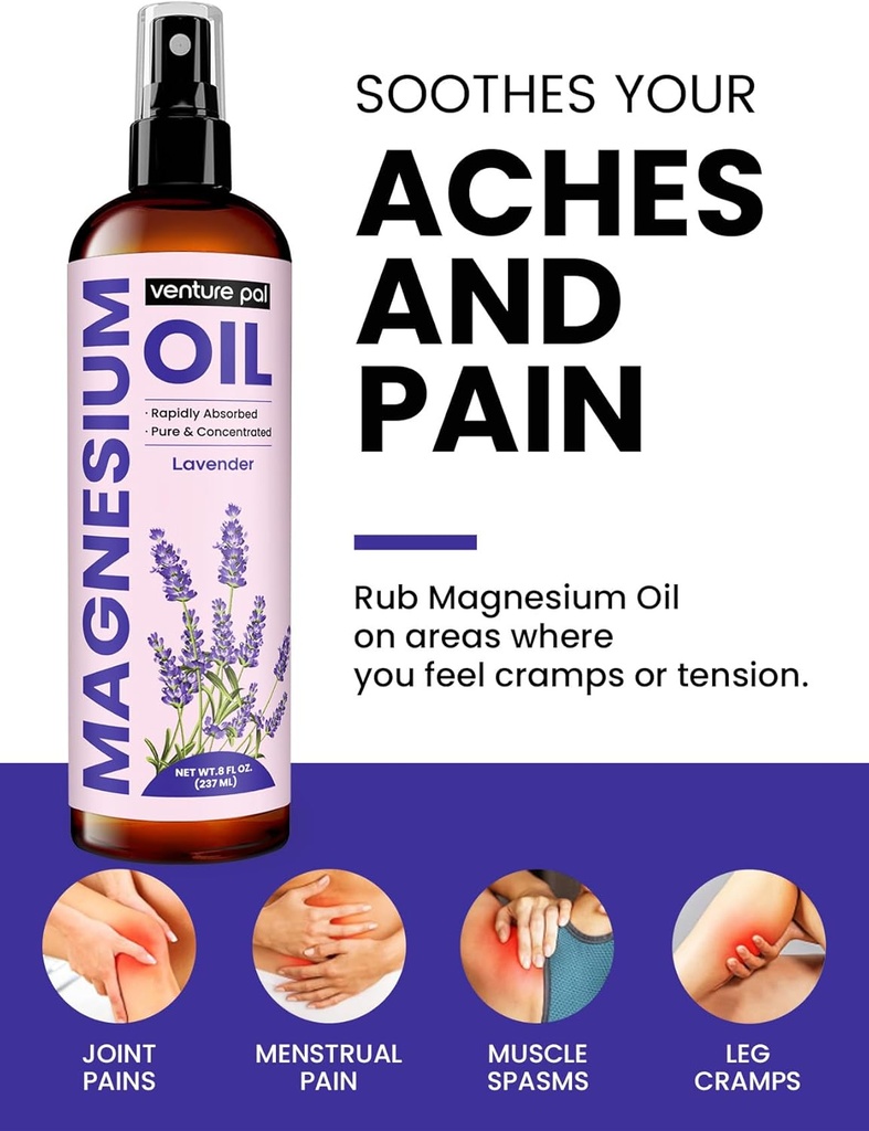 Venture Pal 100% Pure Magnesium Oil Spray with Lavender, Fast Absorption, Less Sting, Ultra-Soothing for Sleep & Muscle Relaxation, Seven (Big 8 oz) Minerals 5