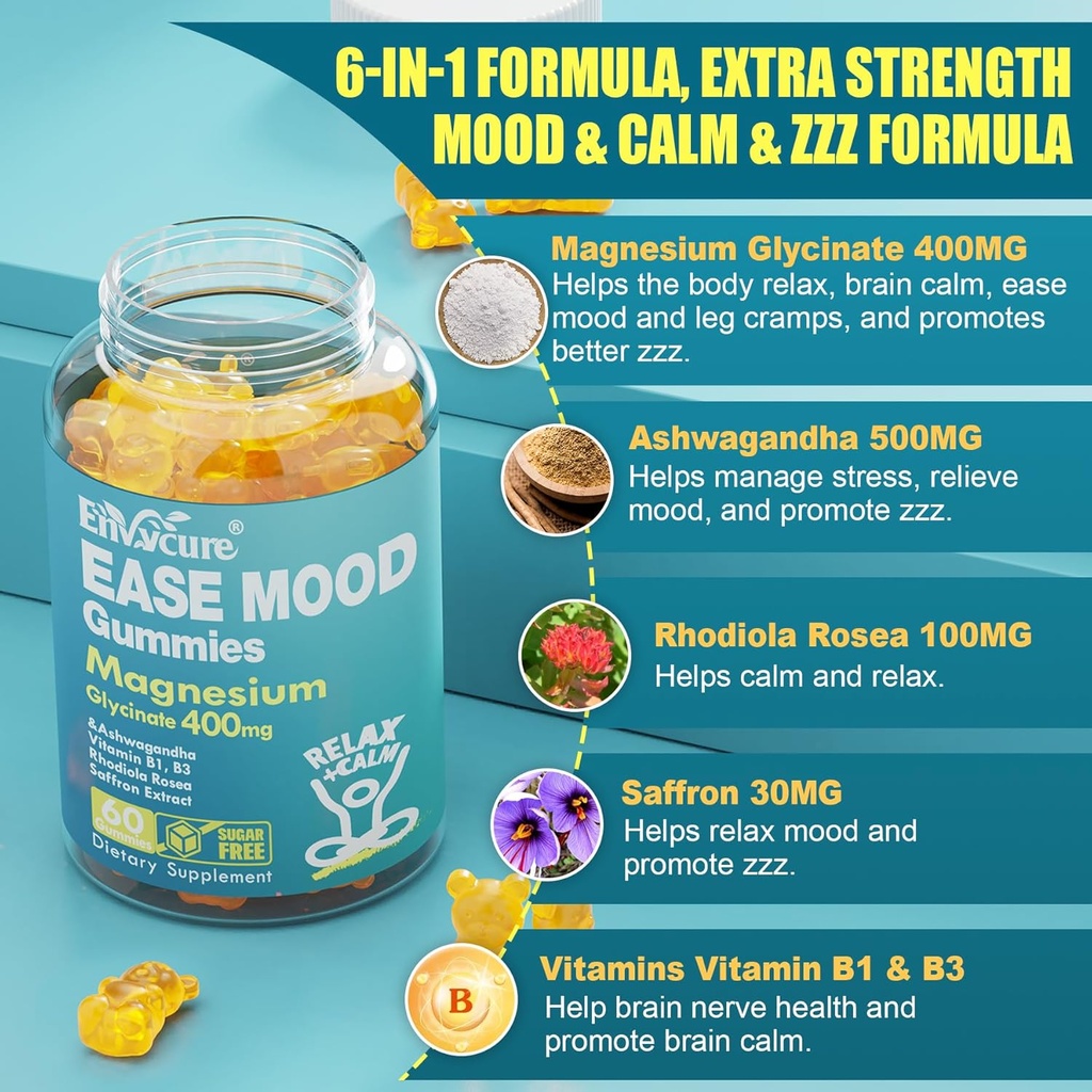 Sugar Free Magnesium Glycinate Gummies 400mg with Ashwagandha, B1, B3, Rhodiola Rosea & Saffron for Support Rest, Mood & Calm Magnesium Gummies for Adults, Chewable Magnesium Supplement, Vegan, 120Ct 6