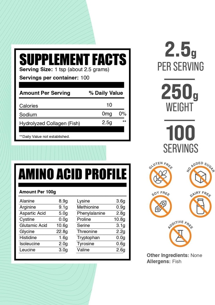 BulkSupplements.com Marine Collagen Powder - Marine Collagen Peptides Supplement, for Hair, Skin, & Nails - Hydyrolyzed & Gluten Free, 2.5g per Serving, 250g (8.8 oz) (Pack of 1) 3