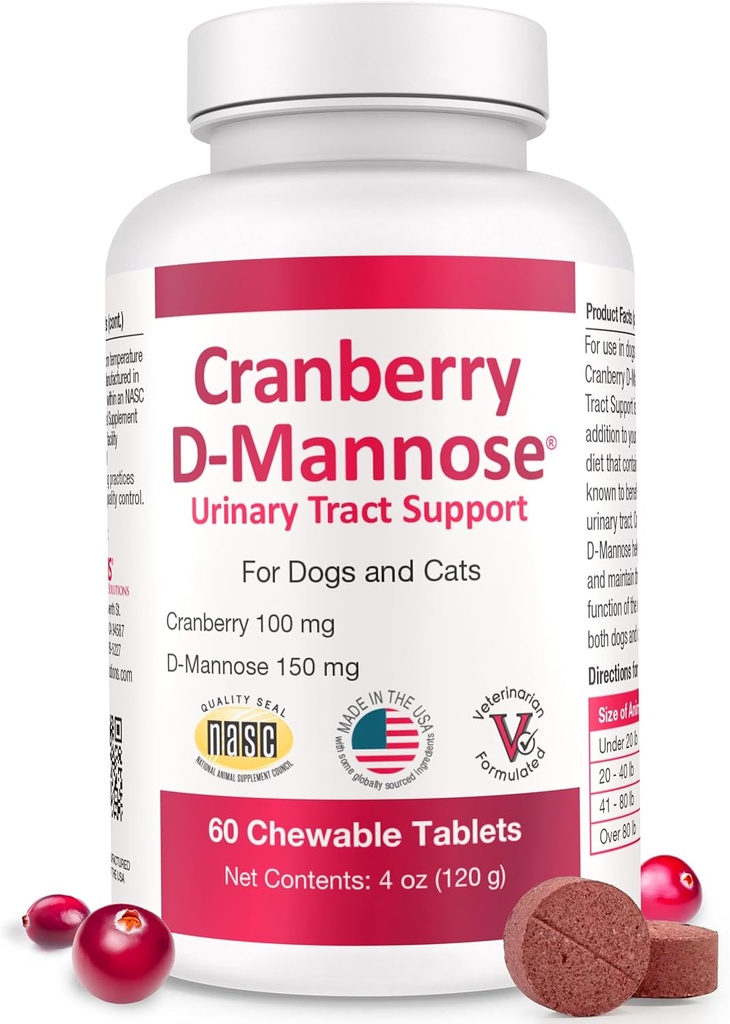 Cranberry D-Mannose Urinary Tract Supplement for Dogs & Cats – Bladder & UTI Health Support – Cranberry Extract, D-Mannose & Vitamin C–Promotes Urinary Wellness & Kidney Function – 60 Chewable Tablets 2