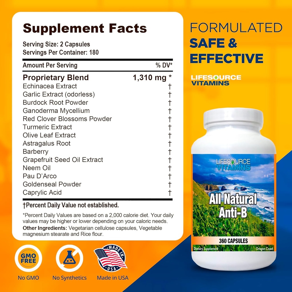 LifeSource Vitamins All Natural Anti-B for Immune Support, 14 All Natural Ingredient with Echinacea & Garlic Extract, 360 Immune Defense Capsules 3