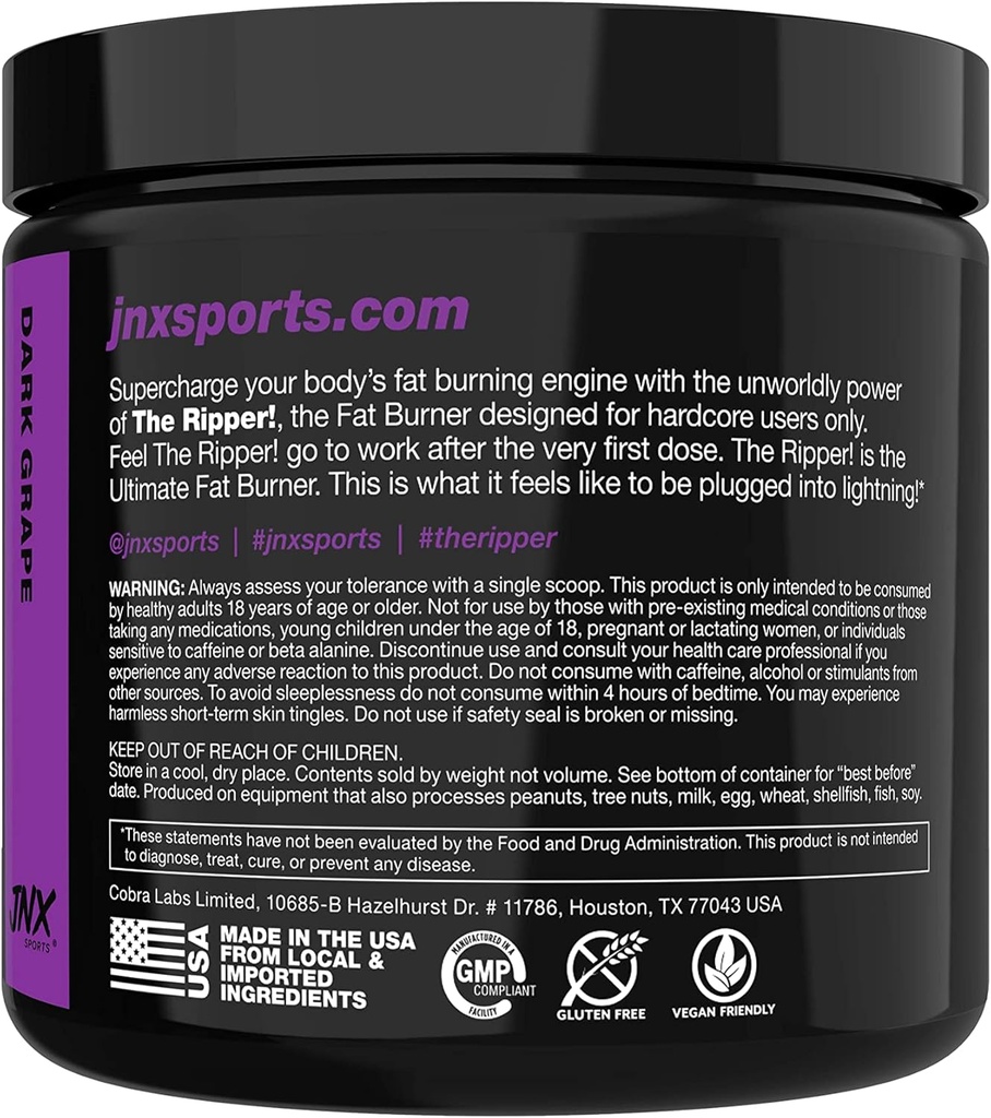 JNX SPORTS The Ripper! Shredding Thermogenic Fat Burner - Dark Grape 30 Servings | Advanced Fast Acting Thermogenic Pre-Workout, Appetite Suppressant for Men & Women 3