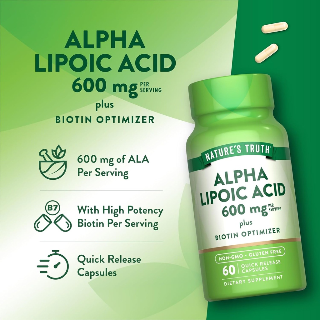 Nature's Truth Alpha Lipoic Acid 600mg | plus Biotin Optimizer | 60 Capsules | Non-GMO & Gluten Free Supplement 6