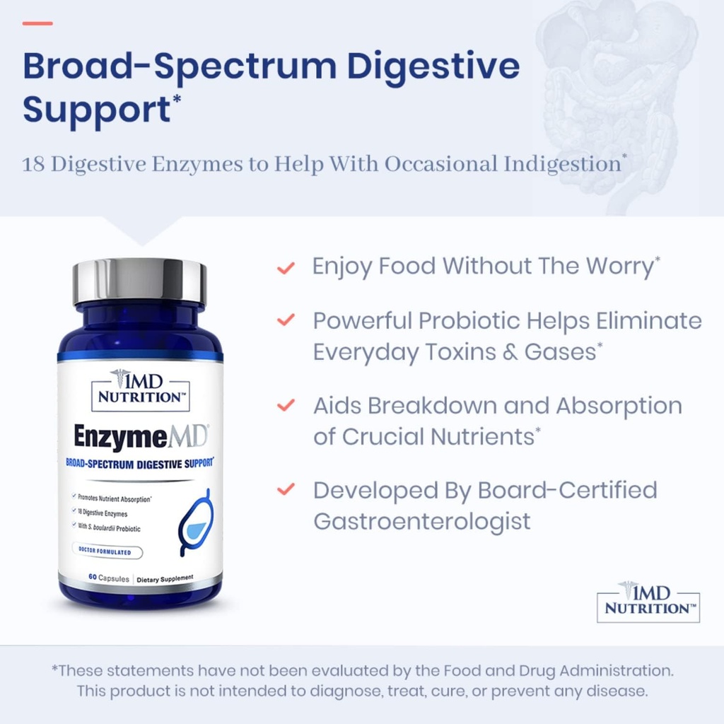 1MD Nutrition EnzymeMD - Digestive Enzymes Supplement - Doctor Formulated | 18 Plant-Based Enzymes - Gas & Bloating Support | 60 Capsules 5