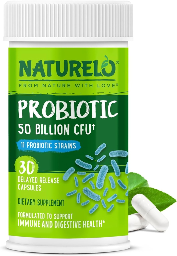NATURELO Probiotics for Digestive Health - 50 Billion CFU, 11 Strains Daily Supplement - Boosts Immune System, Delayed Release, 30 Vegetarian Capsules 2