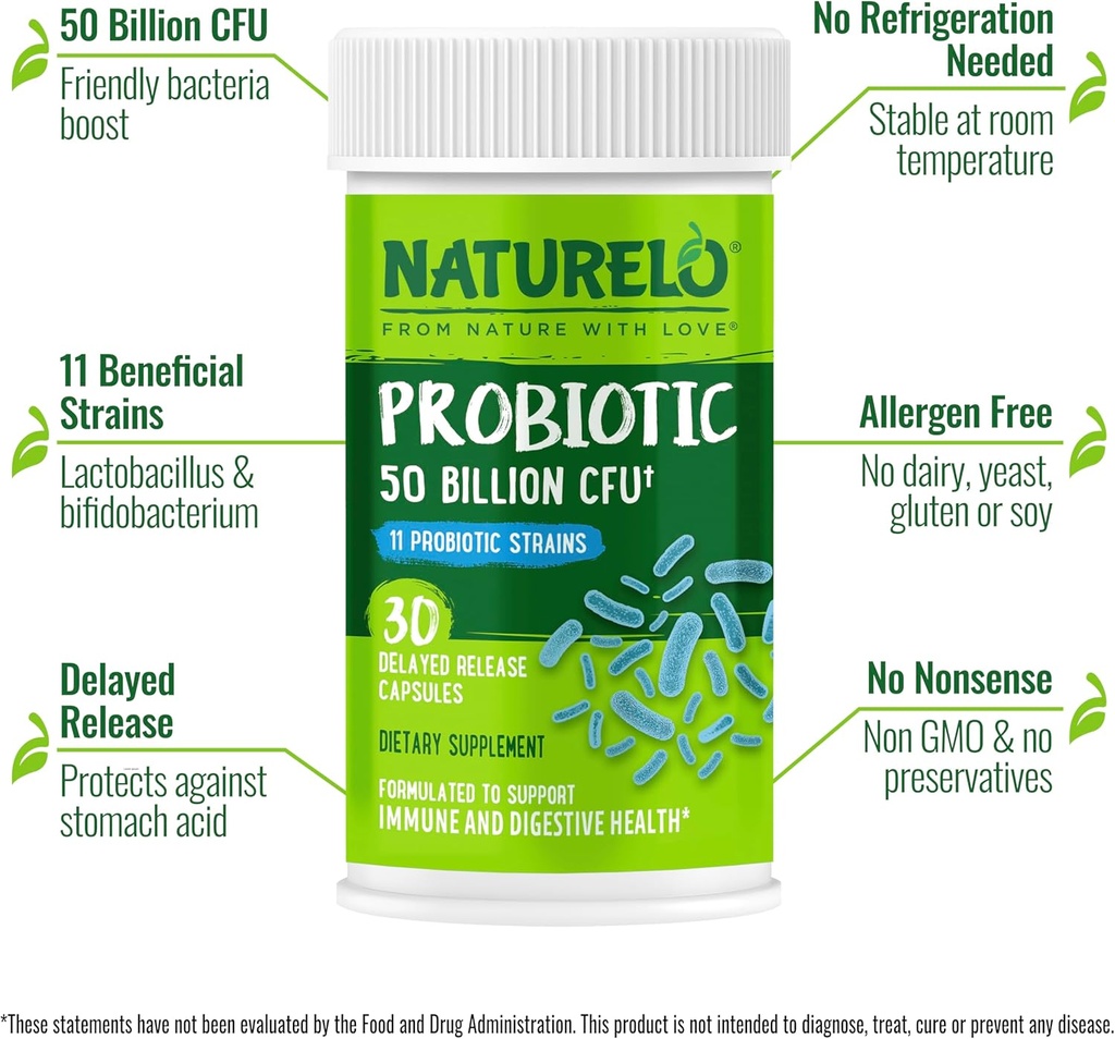 NATURELO Probiotics for Digestive Health - 50 Billion CFU, 11 Strains Daily Supplement - Boosts Immune System, Delayed Release, 30 Vegetarian Capsules 3