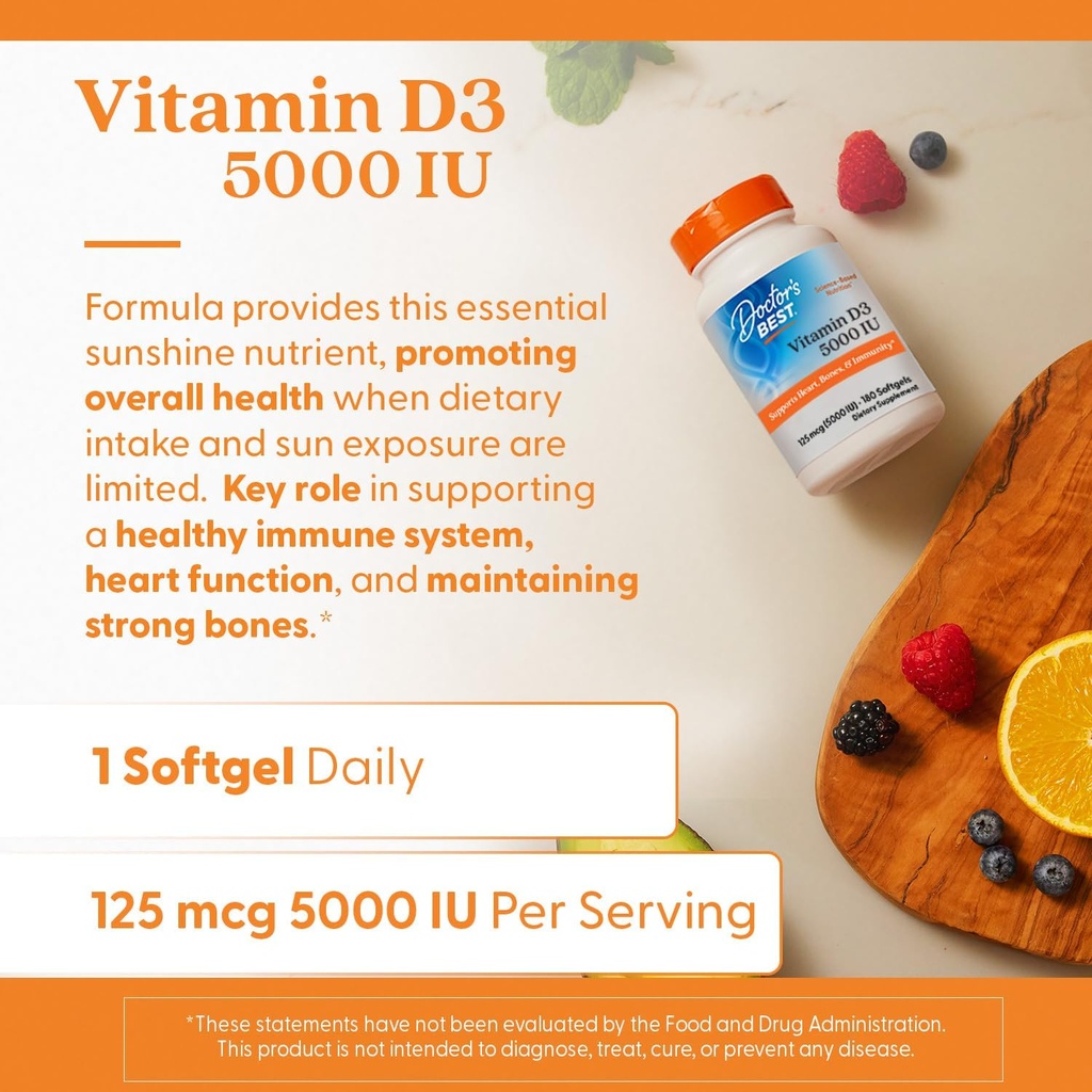 Doctor's Best Vitamin D3 5000IU, Non-GMO, Gluten & Soy Free, Regulates Immune Function, Supports Healthy Bones, White, No Flavour, 180 Count 6