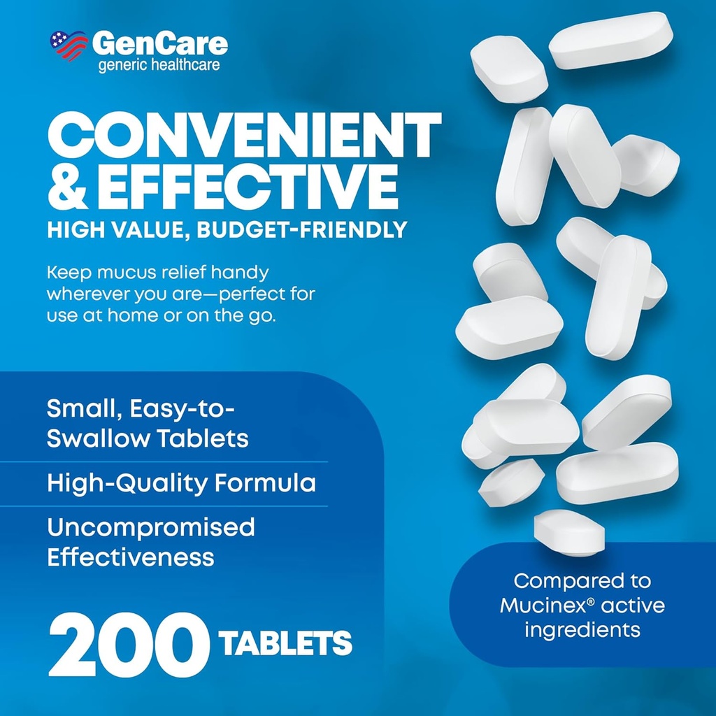 GenCare Mucus Relief Expectorant Guaifenesin 400 mg 200 Tablets Value Pack - Fast Acting Thinning of Mucus for Colds, Chest Congestion, Flu, Coughing and Allergies 5