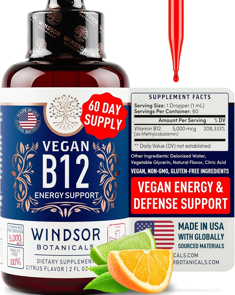 Vegan Vitamin B12 Liquid - Max Strength Methylcobalamin B12 Sublingual 5000 mcg - Fast Absorbing Supplement for Mood, Memory and Energy Support - Non-GMO, Gluten-Free, Citrus Flavor B 12 Drops, 2oz 2