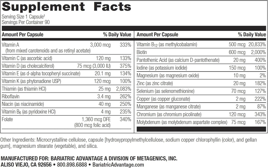 Bariatric Advantage Ultra Solo Without Iron - Once-Per-Day Daily Multivitamin - for Bariatric Patients - with Thiamin, Vitamin A & More - Gluten Free - 90 Capsules 3