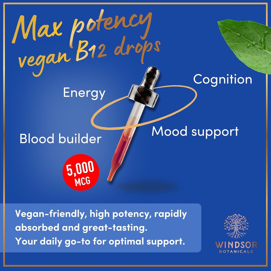 Vegan Vitamin B12 Liquid - Max Strength Methylcobalamin B12 Sublingual 5000 mcg - Fast Absorbing Supplement for Mood, Memory and Energy Support - Non-GMO, Gluten-Free, Citrus Flavor B 12 Drops, 2oz 3