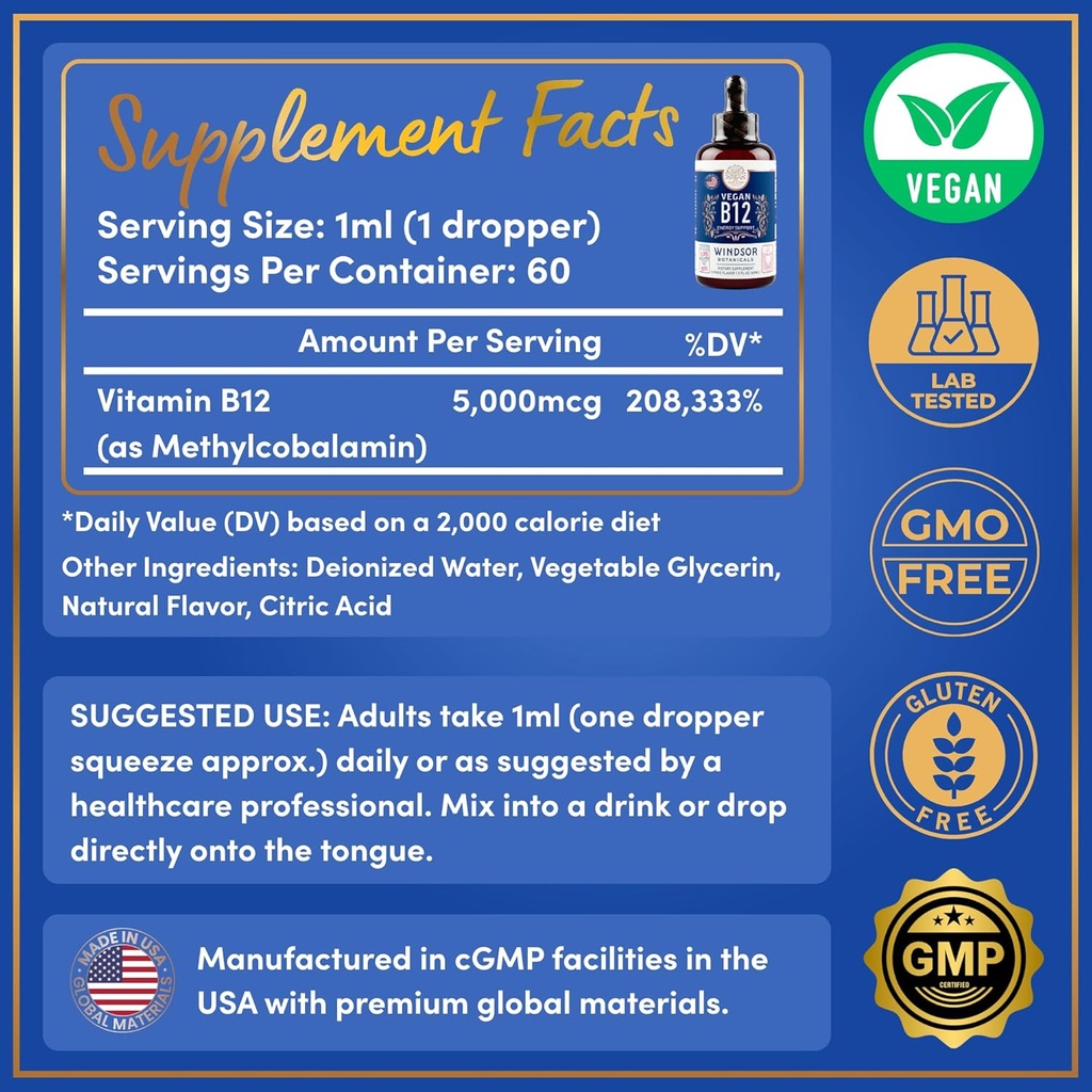 Vegan Vitamin B12 Liquid - Max Strength Methylcobalamin B12 Sublingual 5000 mcg - Fast Absorbing Supplement for Mood, Memory and Energy Support - Non-GMO, Gluten-Free, Citrus Flavor B 12 Drops, 2oz 5