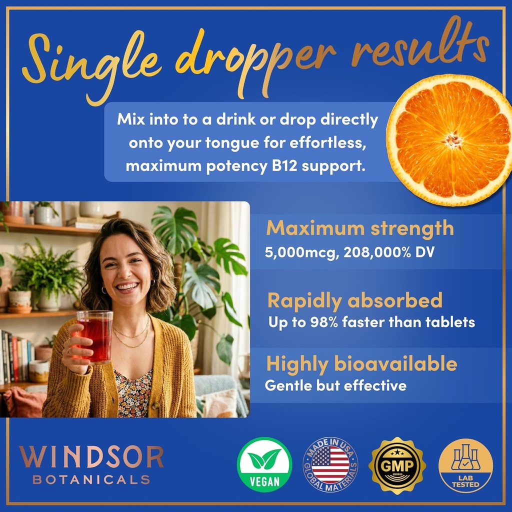 Vegan Vitamin B12 Liquid - Max Strength Methylcobalamin B12 Sublingual 5000 mcg - Fast Absorbing Supplement for Mood, Memory and Energy Support - Non-GMO, Gluten-Free, Citrus Flavor B 12 Drops, 2oz 6