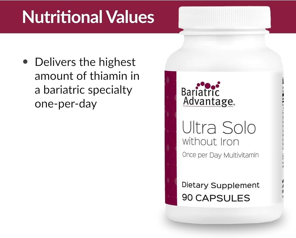 Bariatric Advantage Ultra Solo Without Iron - Once-Per-Day Daily Multivitamin - for Bariatric Patients - with Thiamin, Vitamin A & More - Gluten Free - 90 Capsules 6