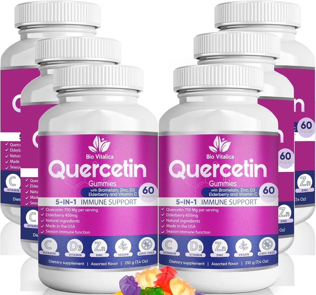 Quercetin Gummies by BioVitalica - Quercetin with Bromelain Vitamin C and Zinc & Elderberry + Vitamin D3-5 in 1 Immune Support - Zinc Quercetin 750 mg for Kids and Adult (6, Quercetin) 2