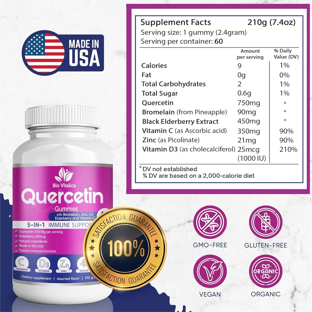 Quercetin Gummies by BioVitalica - Quercetin with Bromelain Vitamin C and Zinc & Elderberry + Vitamin D3-5 in 1 Immune Support - Zinc Quercetin 750 mg for Kids and Adult (6, Quercetin) 3