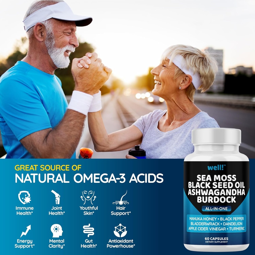 Sea Moss 3000, Black Seed Oil 2000, Ashwagandha 1000, Bladderwrack, Maca Turmeric - Manuka Honey, Dandelion & Black Pepper, Super Antioxidants Supplement,180 6